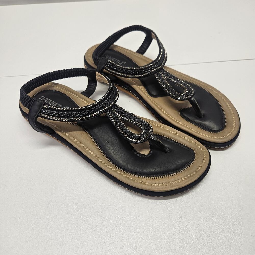 SAIMEITU Stretch Slingback Thong Sandal Flats EUR 44 US 13 Black Rhinestones